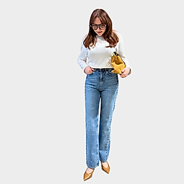 Efektli Mavi  Straight Fit Düz Kesim Jean Pantolon