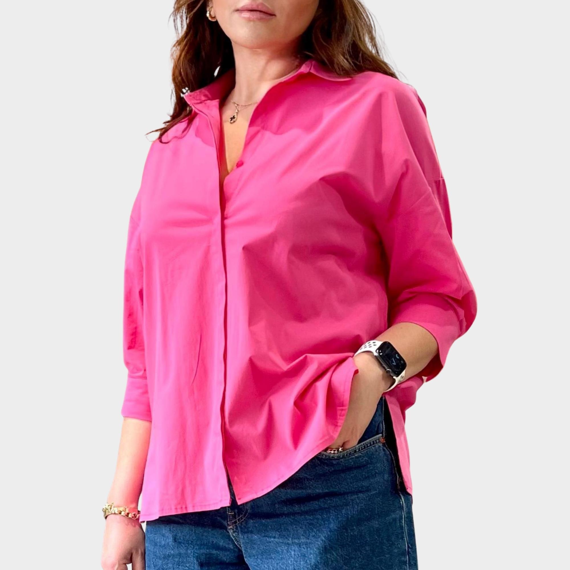 Pembe Geniş Kesim Düşük Kol Poplin Gömlek.