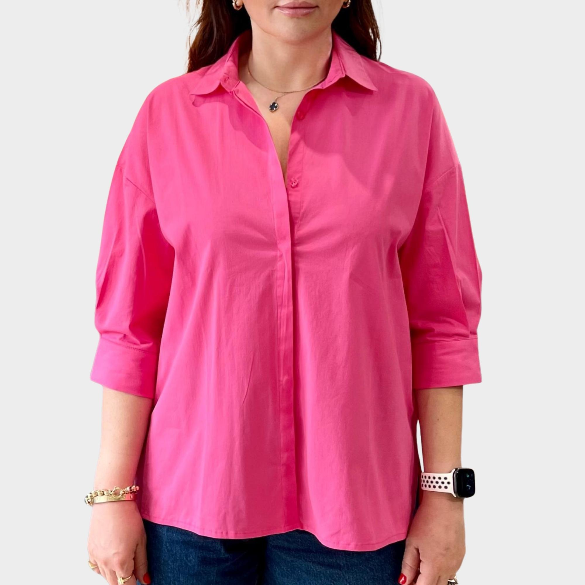 Pembe Geniş Kesim Düşük Kol Poplin Gömlek.