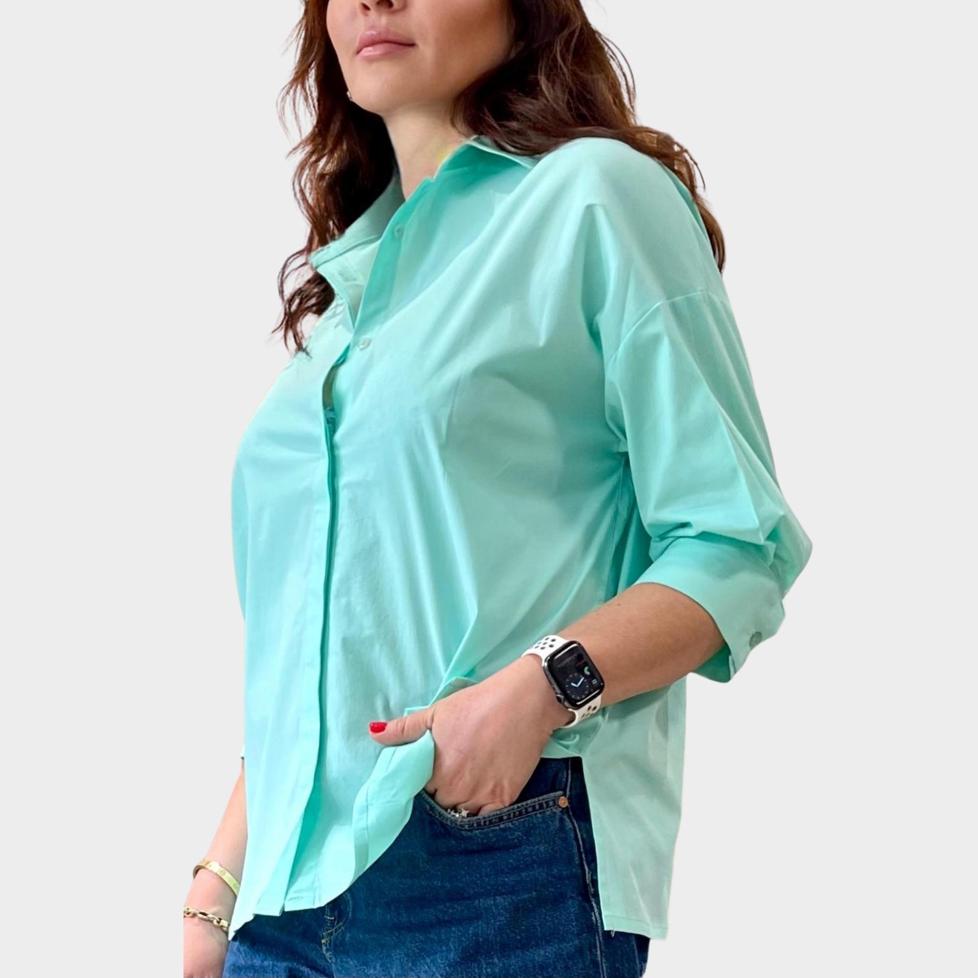 Mint Yeşil Geniş Kesim Düşük Kol Poplin  Gömlek.