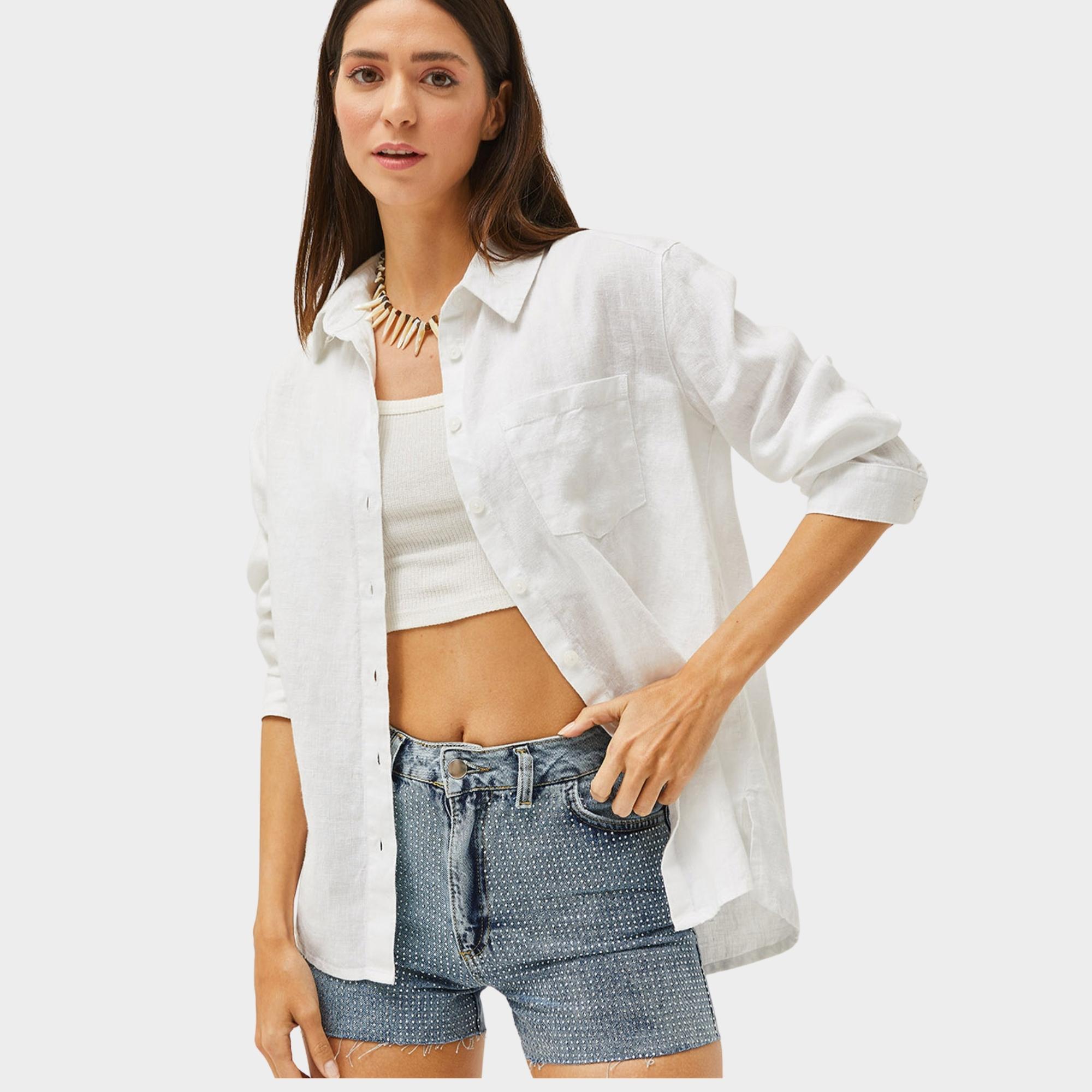 Kırık Beyaz %100 Pamuk Keten Oversize Gömlek