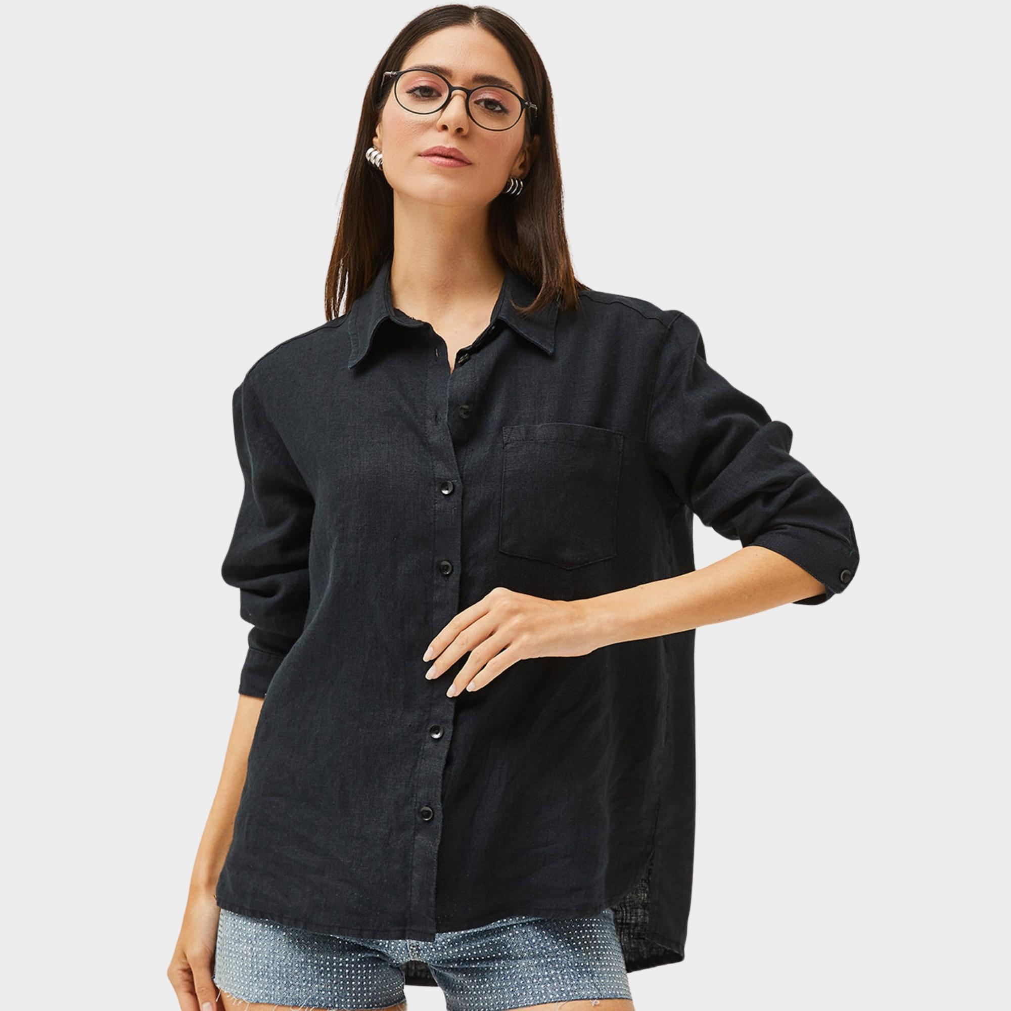 Siyah %100 Pamuk Keten Oversize  Gömlek
