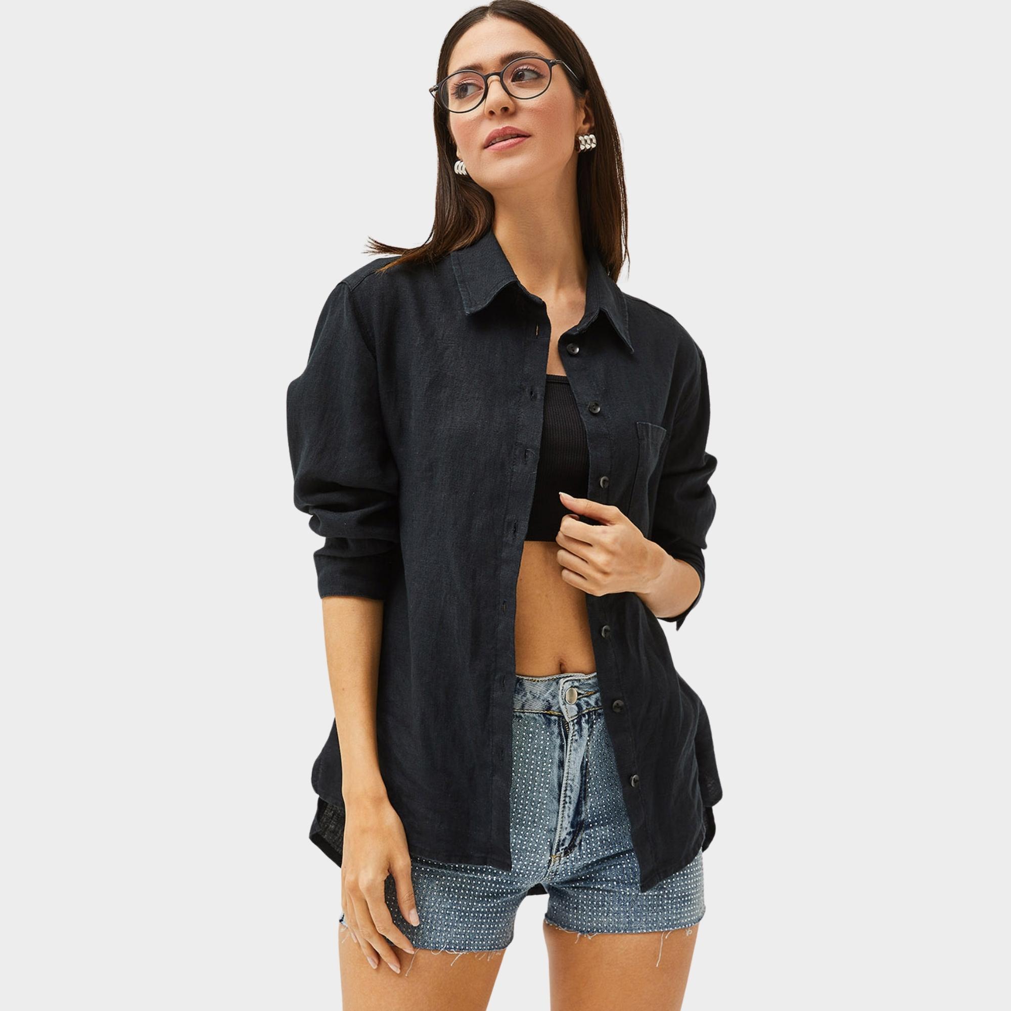 Siyah %100 Pamuk Keten Oversize  Gömlek