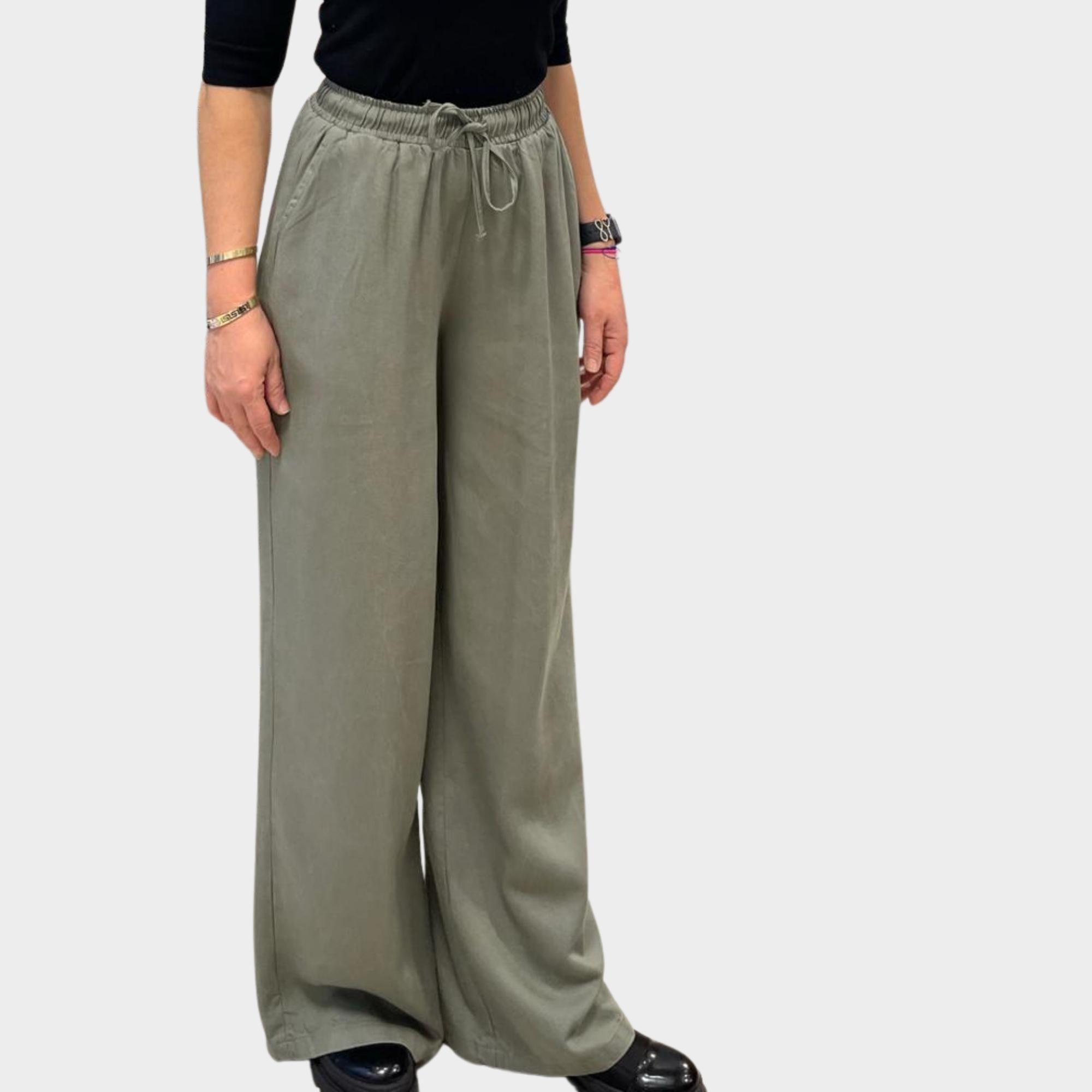 Haki Yeşili Beli Lastikli Geniş Paça Pantolon.