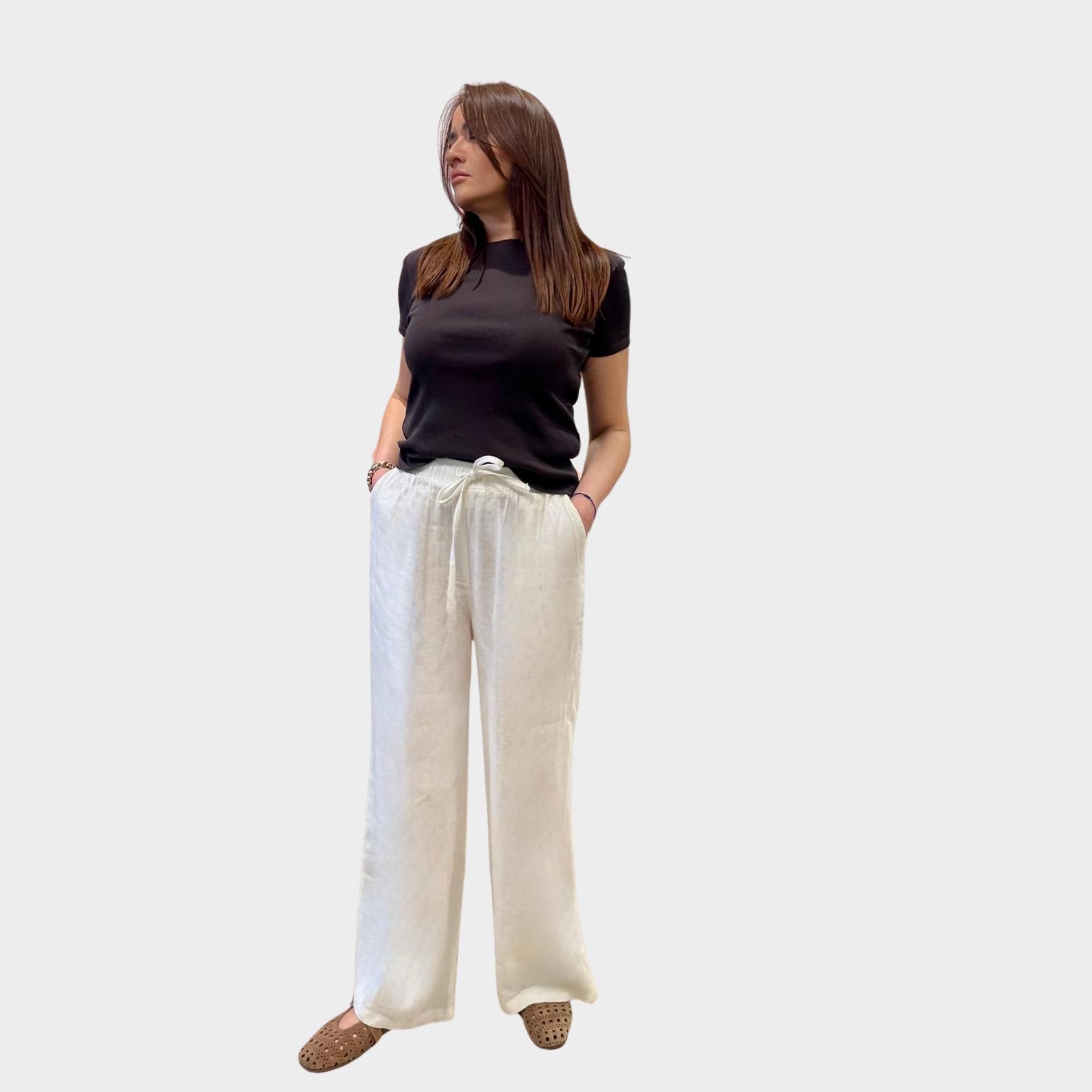 Kırık Beyaz %100 Pamuk Keten Beli Lastikli Geniş Paça Pantolon.