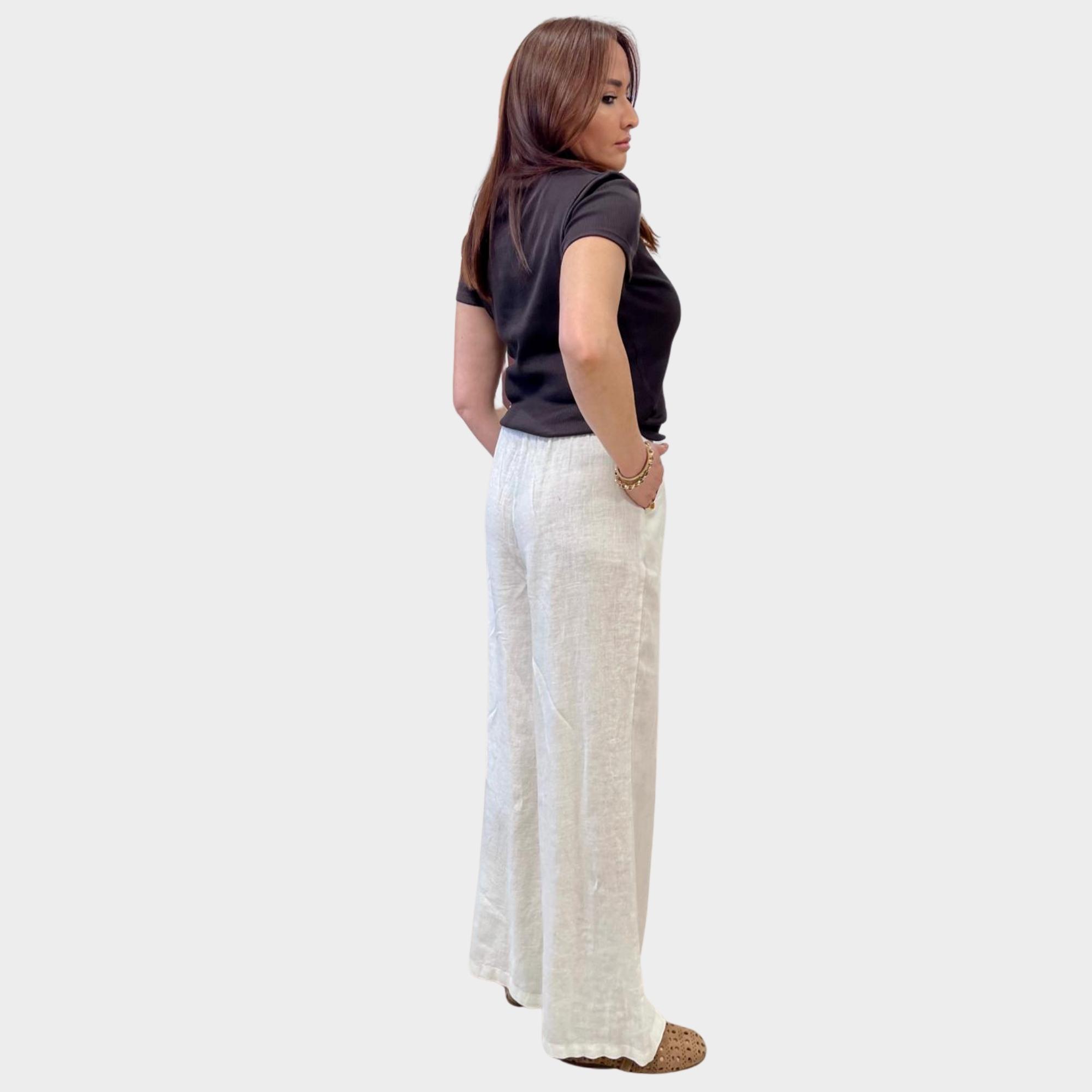 Kırık Beyaz %100 Pamuk Keten Beli Lastikli Geniş Paça Pantolon.