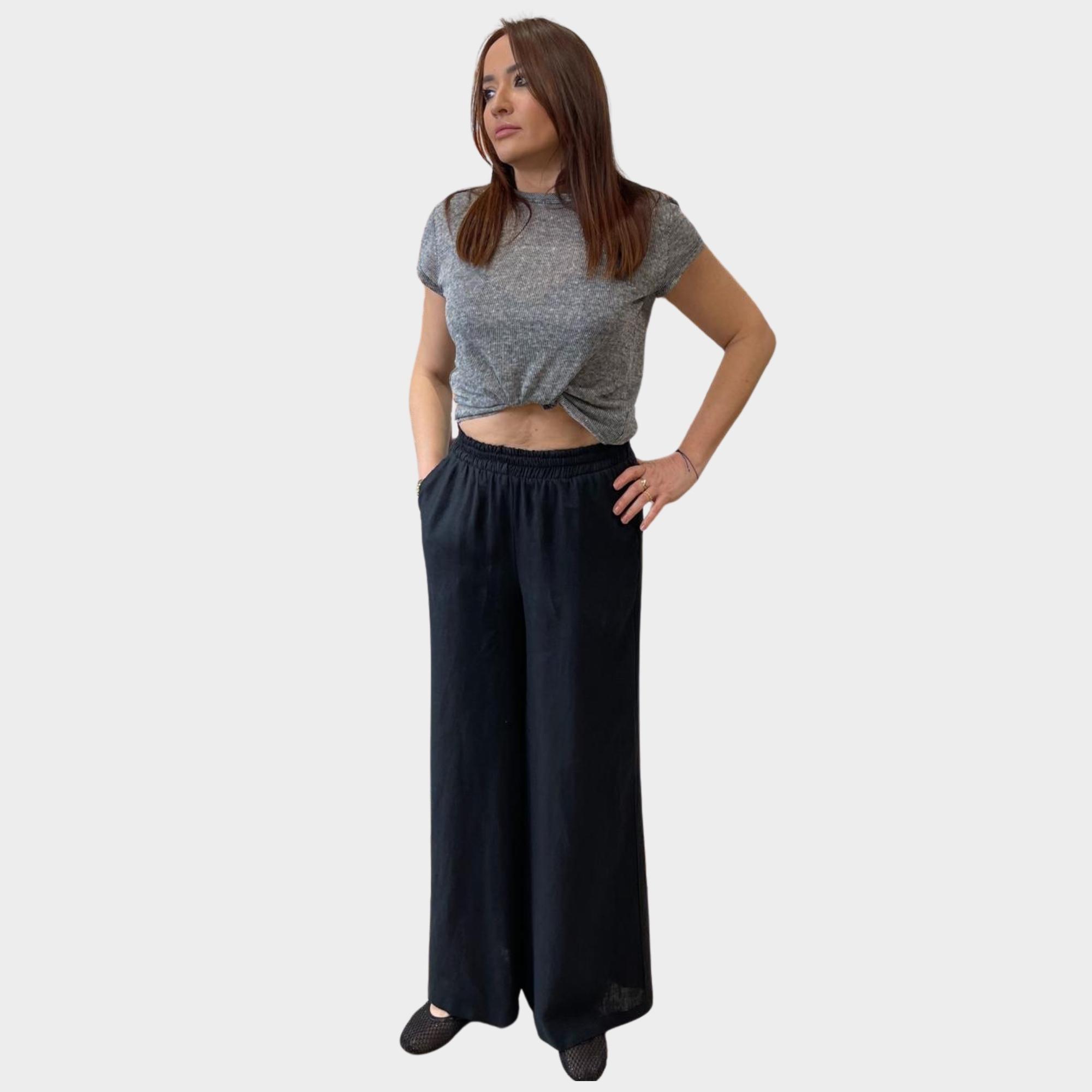Siyah %100 Pamuk Keten Beli Lastikli Geniş Paça Pantolon.