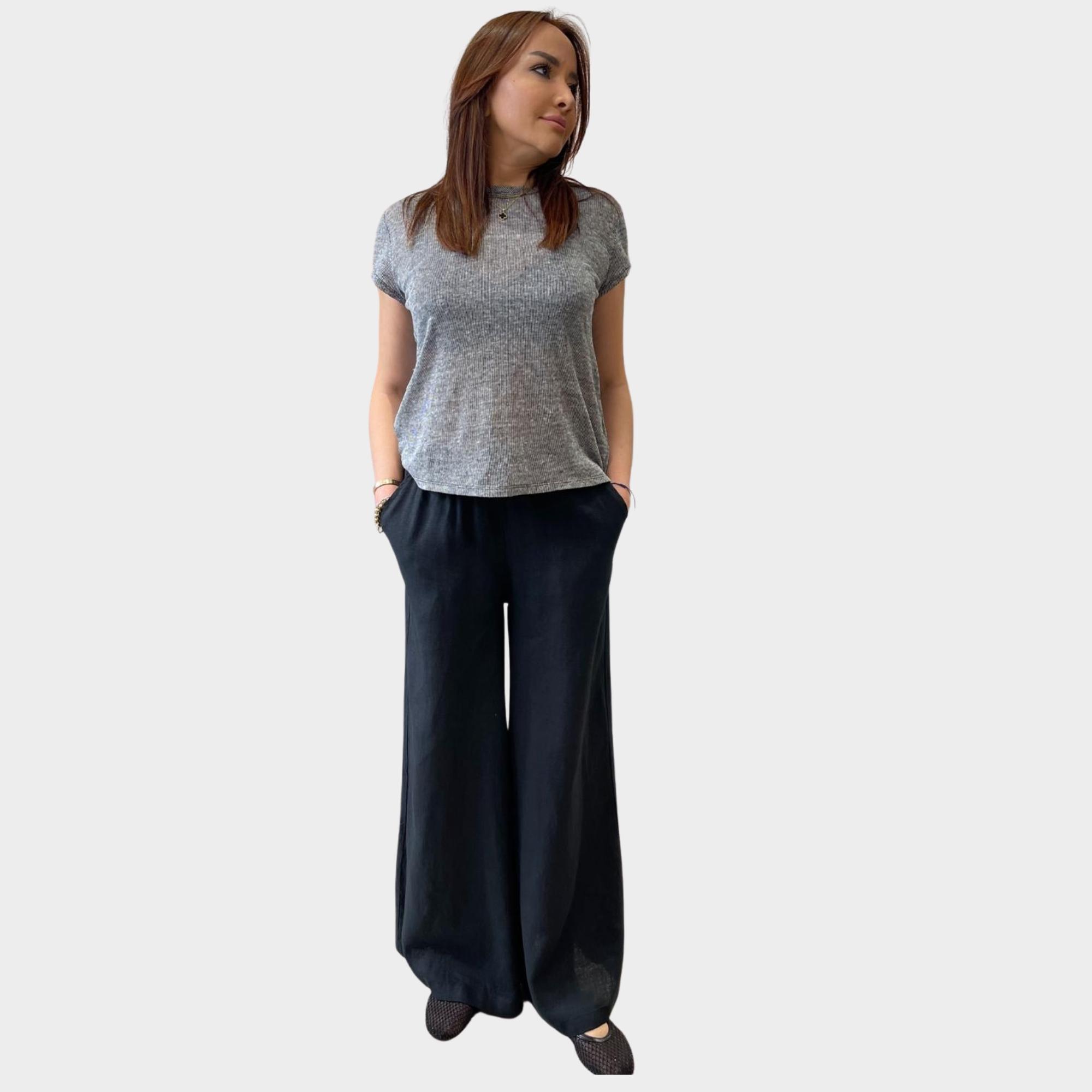 Siyah %100 Pamuk Keten Beli Lastikli Geniş Paça Pantolon.