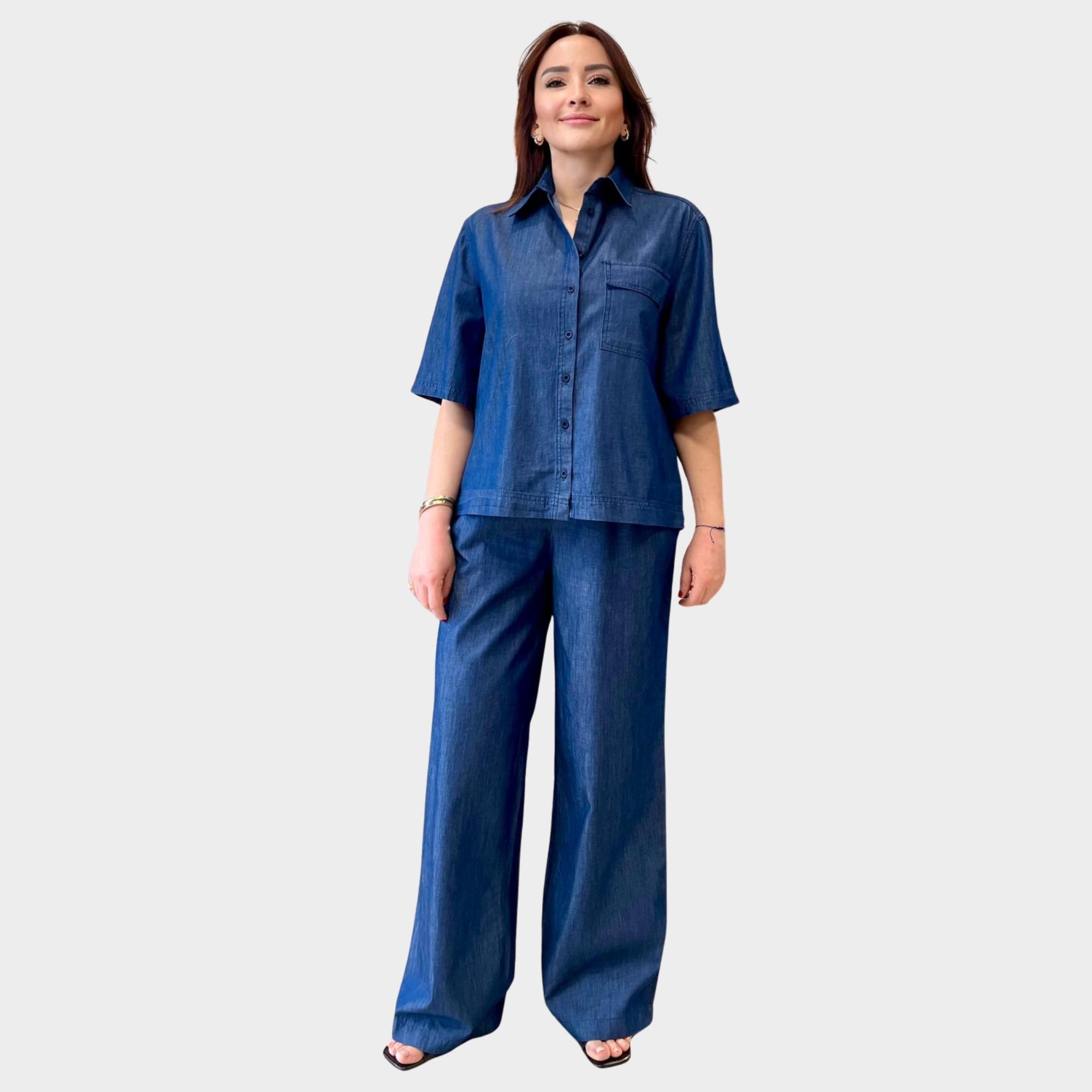 Lacivert İne Kot Yazlık Kısa Kol Gömlek & Beli Lastikli Pantolon.