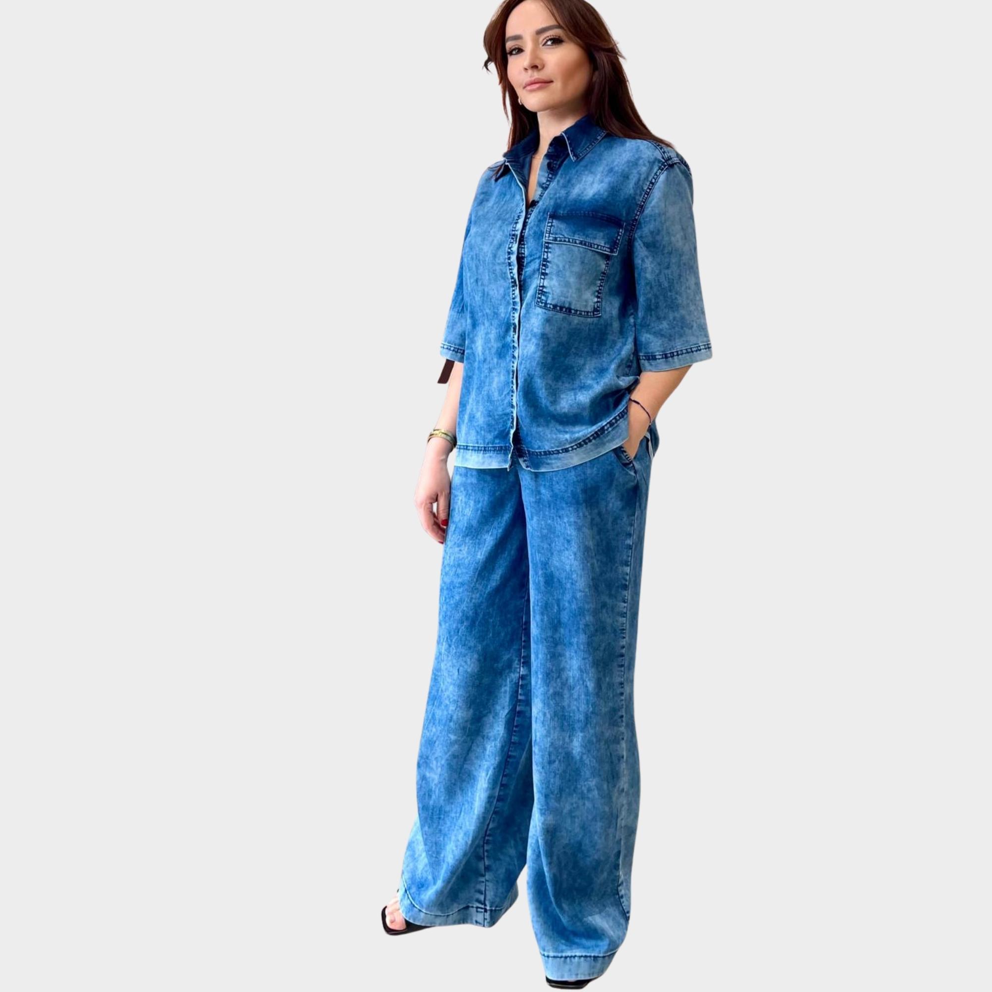 Pamuklu Tensel Kısa Kol Gömlek & Beli Lastikli Pantolon.