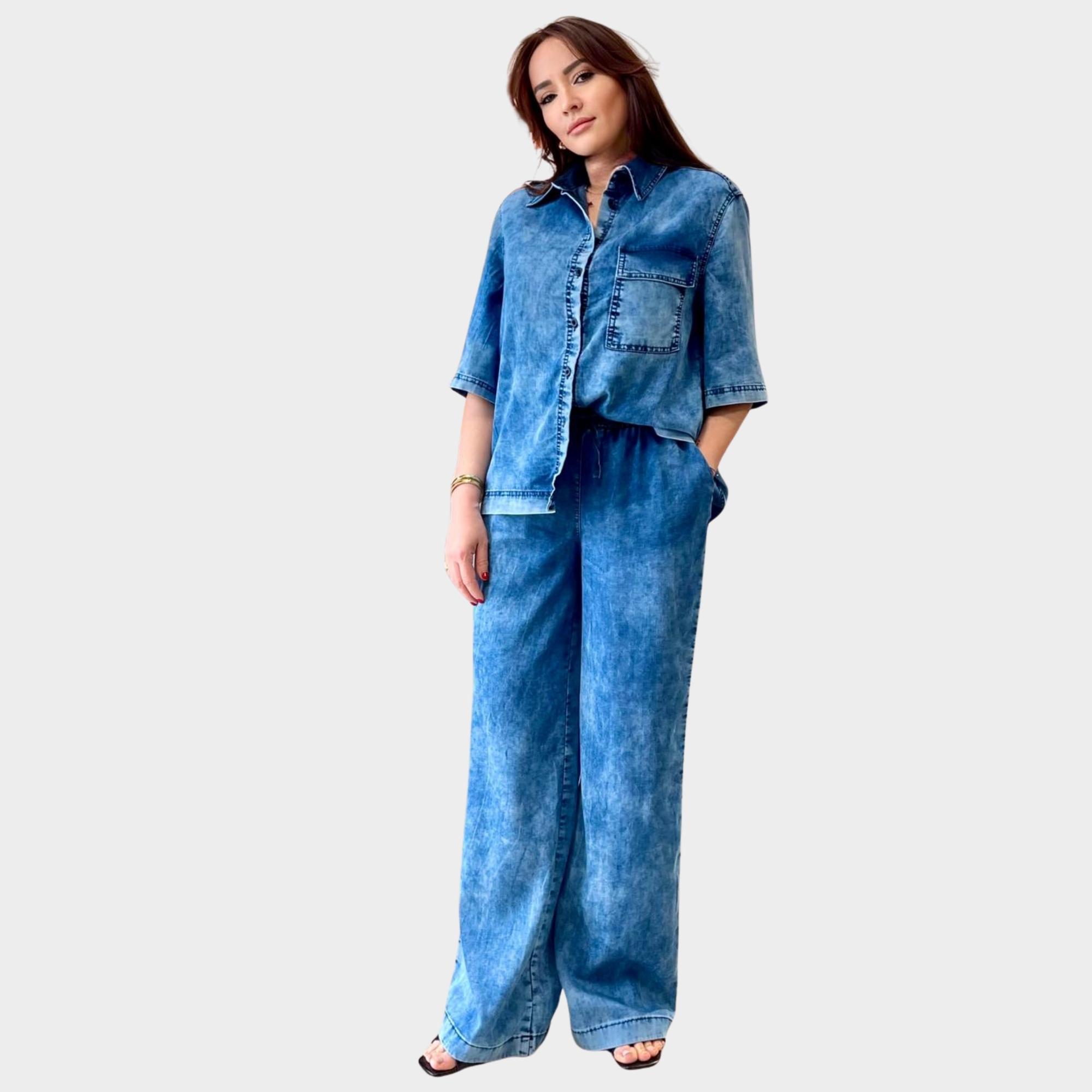 Pamuklu Tensel Kısa Kol Gömlek & Beli Lastikli Pantolon.