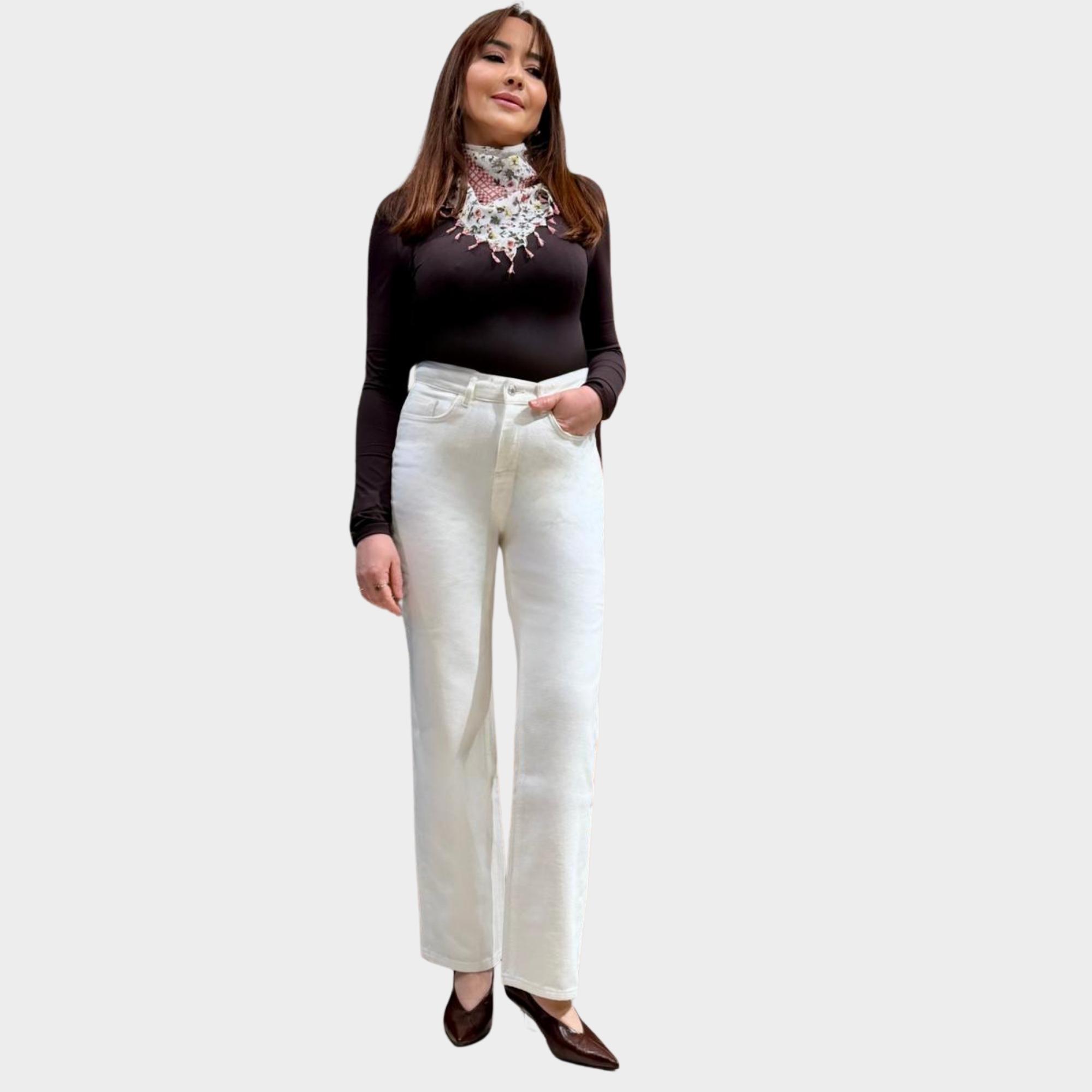 Kırık Beyaz Straight Fit (Düz Kesim) Jean  Pantolon