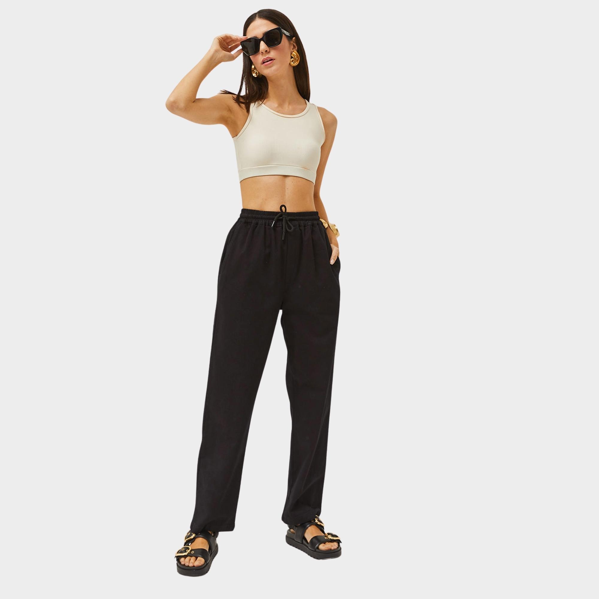 Siyah Unisex Beli Lastikli ve Bağcıklı Pantolon