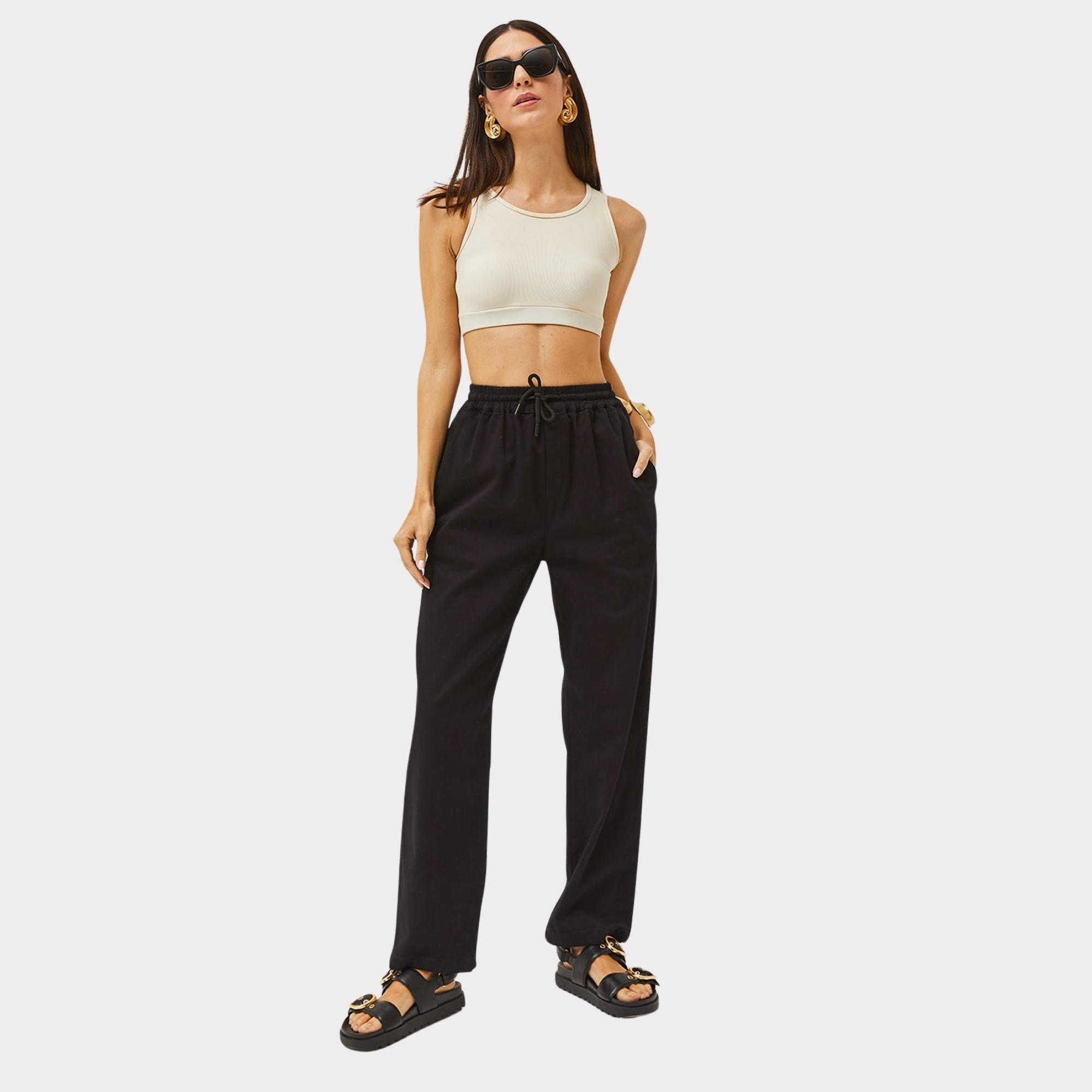 Siyah Unisex Beli Lastikli ve Bağcıklı Pantolon