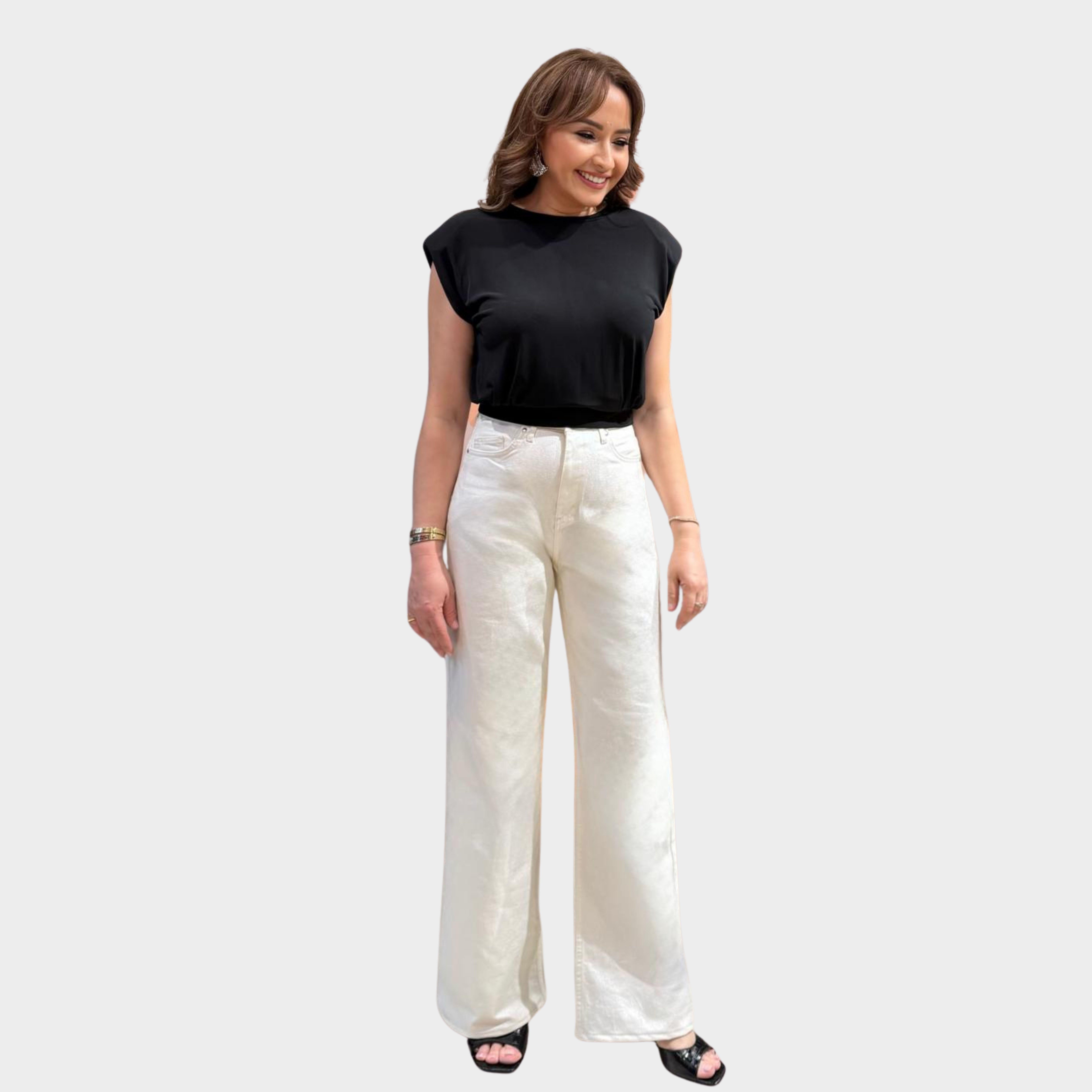 PARLAK KIRIK BEYAZ WIDE LEG JEAN PANTOLON